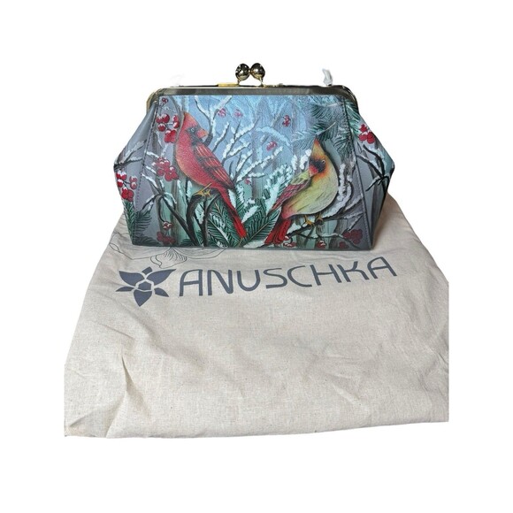 Anuschka Cardinal Hand Painted Kiss Lock Crossbody Clutch Purse Leather New - Picture 1 of 7